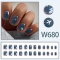 Deep blue moon and airplane press-on nails set with gradient sky design and clouds - Quiet Night Sky Plane Moon Style With Glue (W680)
