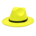 Detail of neon yellow fedora hat with black studded band and metal buckle accent - M (56-58cm) / Neon Yellow
