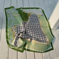 Elegant green and yellow square silk scarf with belt and grid print on wooden background - Green Chain Pattern Square Scarf / 65