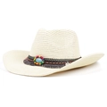 Detailed view of handmade linen panama hat with turquoise stone and ethnic tassels - M(56-58cm) / Off White