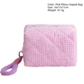 Borsa per cosmetici trapuntata a quadretti rosa con manico viola, 16x11x11cm - Borsa Cuscino Rosa