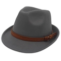 Classic dark grey wool felt fedora hat with brown leather band and metal buckle detail - Grey (Yellow Cord Decor)