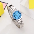 Macro view of kids quartz watch with light blue dial and silver steel strap - Blue