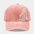 Close-up of pink washed denim baseball cap with distressed details and ripped textures - Adjustable / Pink