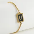 Minimalist 18K gold-plated stainless steel chain bracelet with black enamel U-letter charm - Letter U (ZE497G-U-02)