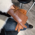 Brown PU leather and suede winter gloves for women with elegant bow detail on cuffs - One Size / Caramel Bow Style