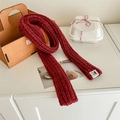 Deep red knitted narrow wool scarf with textured weave and small minimalist tag - Wine Red