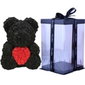 Black rose bear with red heart accent and transparent gift box with Sweetlove ribbon - Flower Bear+40CM Gift Box+Light / Black with Red Heart