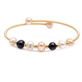 Gold wire wrapped bracelet featuring colorful freshwater pearls and metal beads on white background - Black White Pink Pearl Metal Woven Style (ZZ-0012)