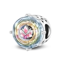 Detail of silver lotus charm with pink enamel, center stone and colorful crystals - Lotus Charm Bead (PAC1346)