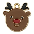 Brown enamel reindeer head pendant charm with gold metallic details and a hanging loop - Reindeer Head 18x18mm