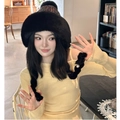 Winter black faux fur hat with colorful plaid knit top and elegant pearl accents - Pearl Braid Ear Flap Hat / Black