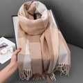 Classic British plaid cashmere-like scarf in brown and beige with tassels - Light Camel