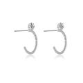 Silver twisted C-shape hoop earrings with sparkling star zircon on white reflective base - 925 Silver / Silver