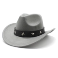 Detail of grey felt cowboy hat with black leather band and silver star studs - M(56-58cm) / Light Gray