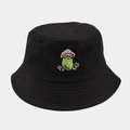 Detailed close-up of cute green frog and mushroom embroidery on a black cotton bucket hat - M (56-58cm) / Black