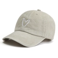 Classic khaki cotton baseball cap with white heart embroidery in a front 3/4 view - One Size / Washed Beige