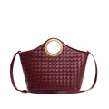 Wine red woven leather tote bag with round gold metal handle and shoulder strap - Burgundy