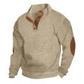 Herren-Strickpullover in Beige mit Zopfmuster, Stehkragen und braunen Ellbogen-Patches - S / Khaki