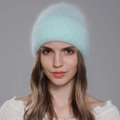 Women's angora knit beanie in mint green with fluffy texture and sparkling sequins - Light Blue