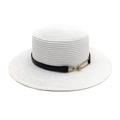 Women's white straw flat top sun hat with black leather band and gold buckle - M (56-58cm) / Pure White