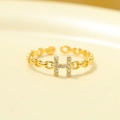 Adjustable gold S925 silver ring featuring hollow diamond-set H-letter and chain band - Gold-Letter H