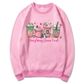 Pink Christmas sweatshirt with colorful holiday beverage prints and Christmas Cheer Fuel text - S / Style 313 / Pink