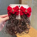 Red velvet bow hair clip with brown curly hair extensions and sparkling crystal center - Red Rhinestone Wig (Hair Clip 024-Braid)