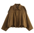 Women's brown suede-textured bomber jacket with oversized fit and bubble hem - Brown with Pocket