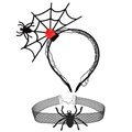 Detail of Halloween spider web headband and lace choker set with red rose accents - 22# Mesh Red Flower Set