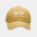Detail of washed yellow cotton baseball cap with white WTF heat transfer printing - Adjustable / Yellow