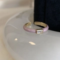 Gold open ring with pink enamel band and rectangular zircon gemstone on white ceramic - J5094 Pink Gold Rectangle Open Ring