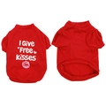 Detail of red pet T-shirt with I Give Free Kisses slogan and heart pattern graphics - Red