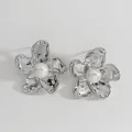 Silver liquid metal flower stud earrings with a white pearl center for women - Flower Style (D2969) / Silver