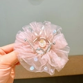 Pink tulle princess hair clip with silver crown and white pearl for young girls - Korean Pink Mesh
