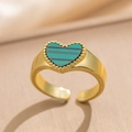 Elegant gold-tone heart-shaped brass open ring with green shell inlay and beaded edges - Gold Green Shell Heart (6991)
