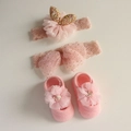 Detail view of baby girl pink lace headband and matching socks with mesh flowers - Gold Dot Bow Headband + Openwork Socks