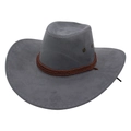 Detailed macro view of dark grey suede cowboy hat with braided brown rope and metal vents - Light Gray