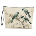 Cream canvas makeup bag with blue bird and flower print and black zipper strap - Three Birds with White Flowers (xy-072-2) / With Strap