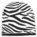Close-up of zebra pattern knitted beanie showing high-density texture and warm material - One Size(Elastic) / Zebra Print