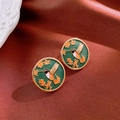 Boucles d'oreilles vintage avec colibri en émail vert sur fond de soie élégant - 50# Tige en acier-Vert-Rond