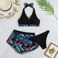 Three-piece women's striped bikini set with tropical floral shorts in black finish - S / Print