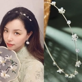 French style silver leaf headband with white flowers and sparkling round rhinestones - Silver Small Jasmine Cat Eye