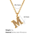 Gold stainless steel letter M necklace with sparkling rhinestones on a delicate chain - M