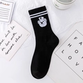 Black cotton crew sock featuring white bear embroidery and athletic stripes on the cuff - Embroidered Bear (No. 07)