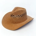 Handmade brown straw sun hat with open-weave crown for outdoor summer vacations - Raffia Hollow Cowboy Hat - Khaki