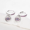Evil eye hoop earrings in silver stainless steel with pink and blue zircon crystals - Silver - Purple Zirconia