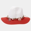Detail of contrast straw sun hat featuring white crown, red brim and shell decoration - One Size / White and Red Brim