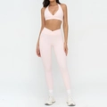Pink yoga set featuring cross-waist leggings with pockets and a halter neck sports bra - S / Sports Bra & Leggings (Top And Bottom) / Light Pink