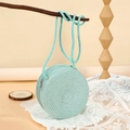 Mini round woven straw crossbody bag in mint green for summer beach holidays - 16cm / Blue